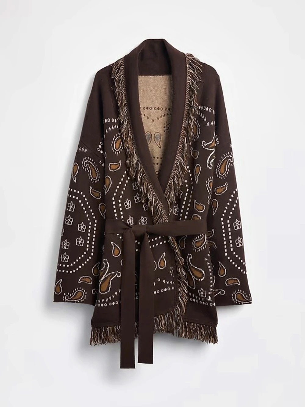 Gap Cotton-Blend Fringe Shawl Cardigan Brown Paisley Bandana